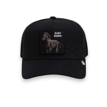 Moon Ridge Hats and Heritage Goorin Bros Badlands Stallion black trucker hat with Easy Rider horse patch