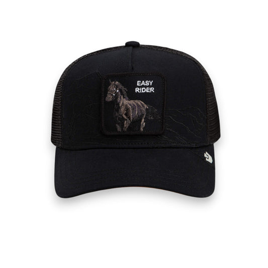 Moon Ridge Hats and Heritage Goorin Bros Badlands Stallion black trucker hat with Easy Rider horse patch