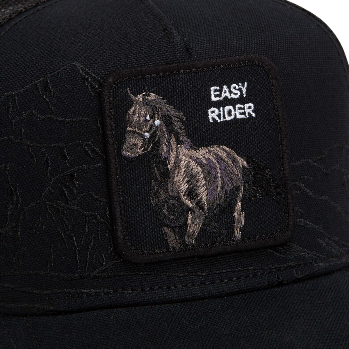 Moon Ridge Hats and Heritage Goorin Bros Badlands Stallion black trucker hat with Easy Rider horse patch