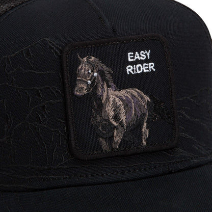 Moon Ridge Hats and Heritage Goorin Bros Badlands Stallion black trucker hat with Easy Rider horse patch