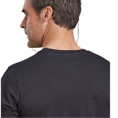 Man wearing a plain black short-sleeve t-shirt from Moon Ridge Hats and Heritage, viewed from the back