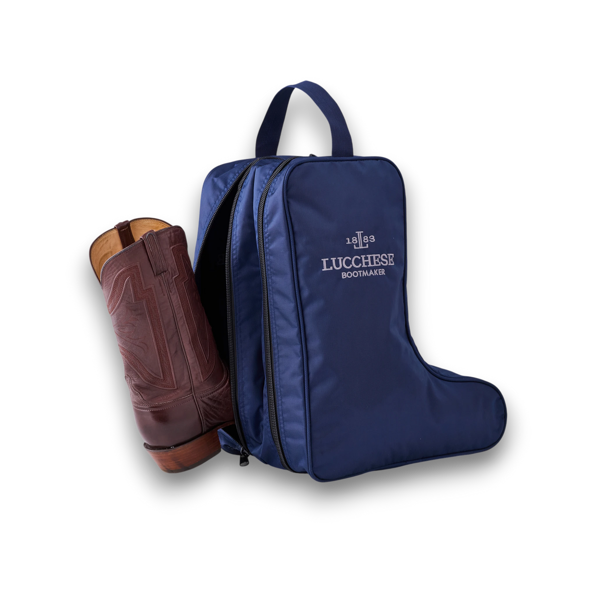 Moon Ridge Hats and Heritage blue nylon Lucchese boot bag with a brown leather cowboy boot partially inside