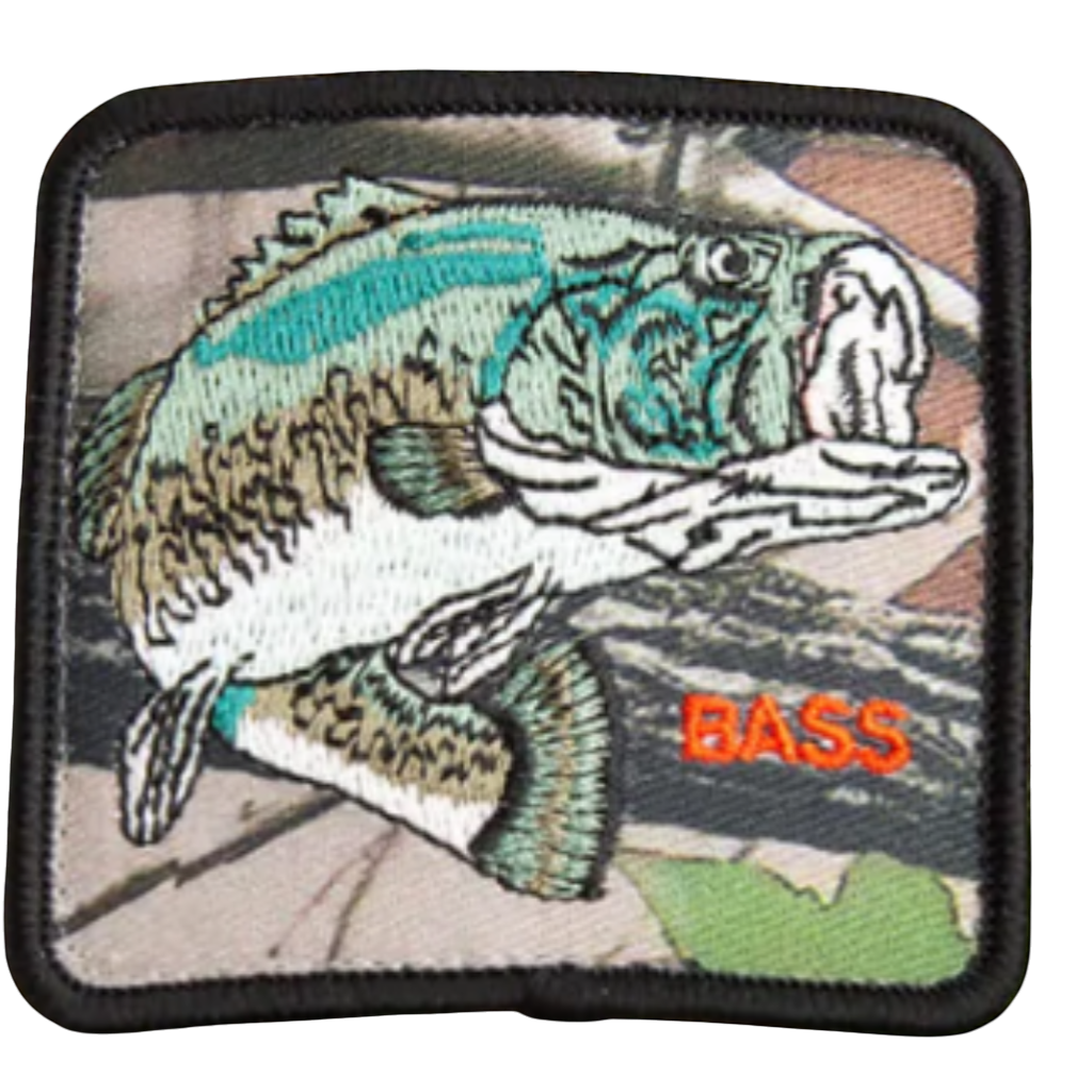 Moon Ridge Hats and Heritage Camouflage Bass embroidered patch with detailed bass and orange BASS text.