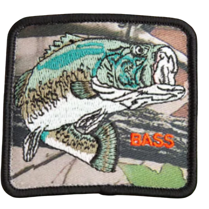Moon Ridge Hats and Heritage Camouflage Bass embroidered patch with detailed bass and orange BASS text.