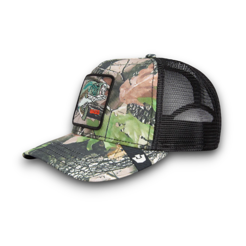 Moon Ridge Hats and Heritage Camouflage Bass trucker hat with embroidered bass patch and black mesh back. Adjustable snap closure.