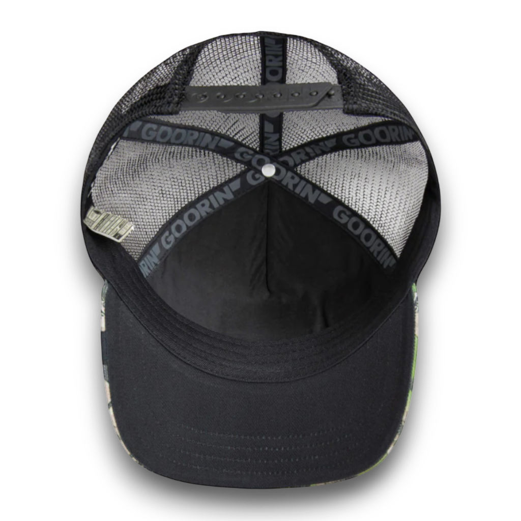 Moon Ridge Hats and Heritage Camouflage Bass trucker hat with mesh back and adjustable snap closure.