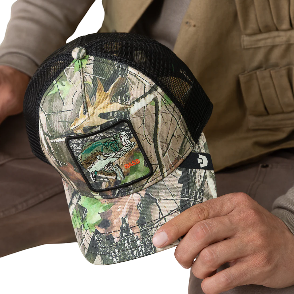 Moon Ridge Hats and Heritage Camouflage Bass trucker hat with embroidered bass patch and black mesh back.
