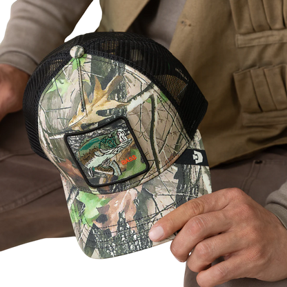 Moon Ridge Hats and Heritage Camouflage Bass trucker hat with embroidered bass patch and black mesh back.
