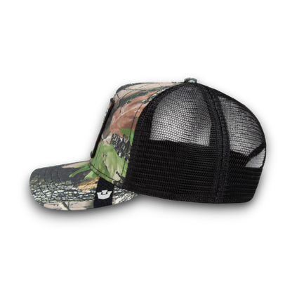Moon Ridge Hats and Heritage Camouflage Bass trucker hat with embroidered bass patch and black mesh back.