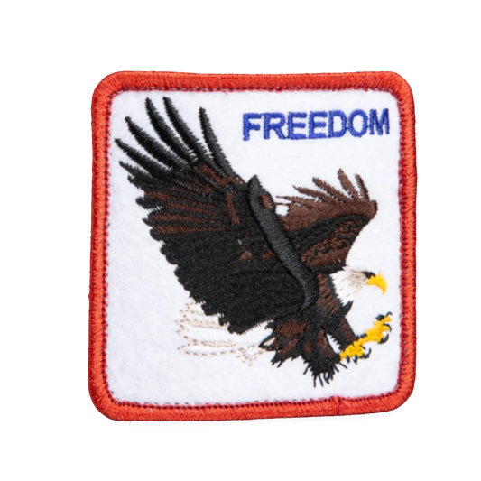 Moon Ridge Hats and Heritage Goorin Bros Freedom Eagle patch with embroidered eagle and "FREEDOM" text on white background with red border. alternate view