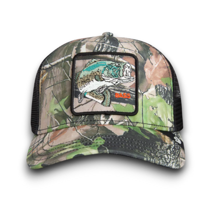 Moon Ridge Hats and Heritage Camouflage Bass trucker hat with embroidered bass patch and mesh back.