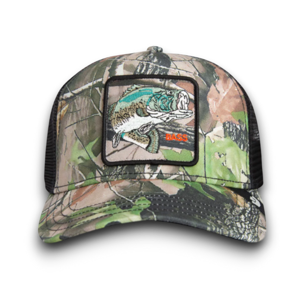 Moon Ridge Hats and Heritage Camouflage Bass trucker hat with embroidered bass patch and mesh back.
