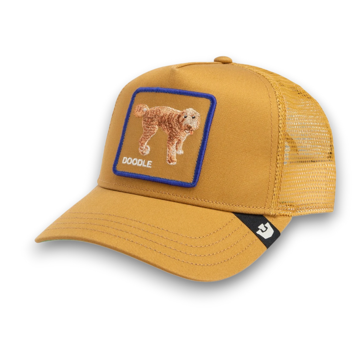 Moon Ridge Hats and Heritage Goorin Bros amber trucker hat with a golden doodle patch and blue border