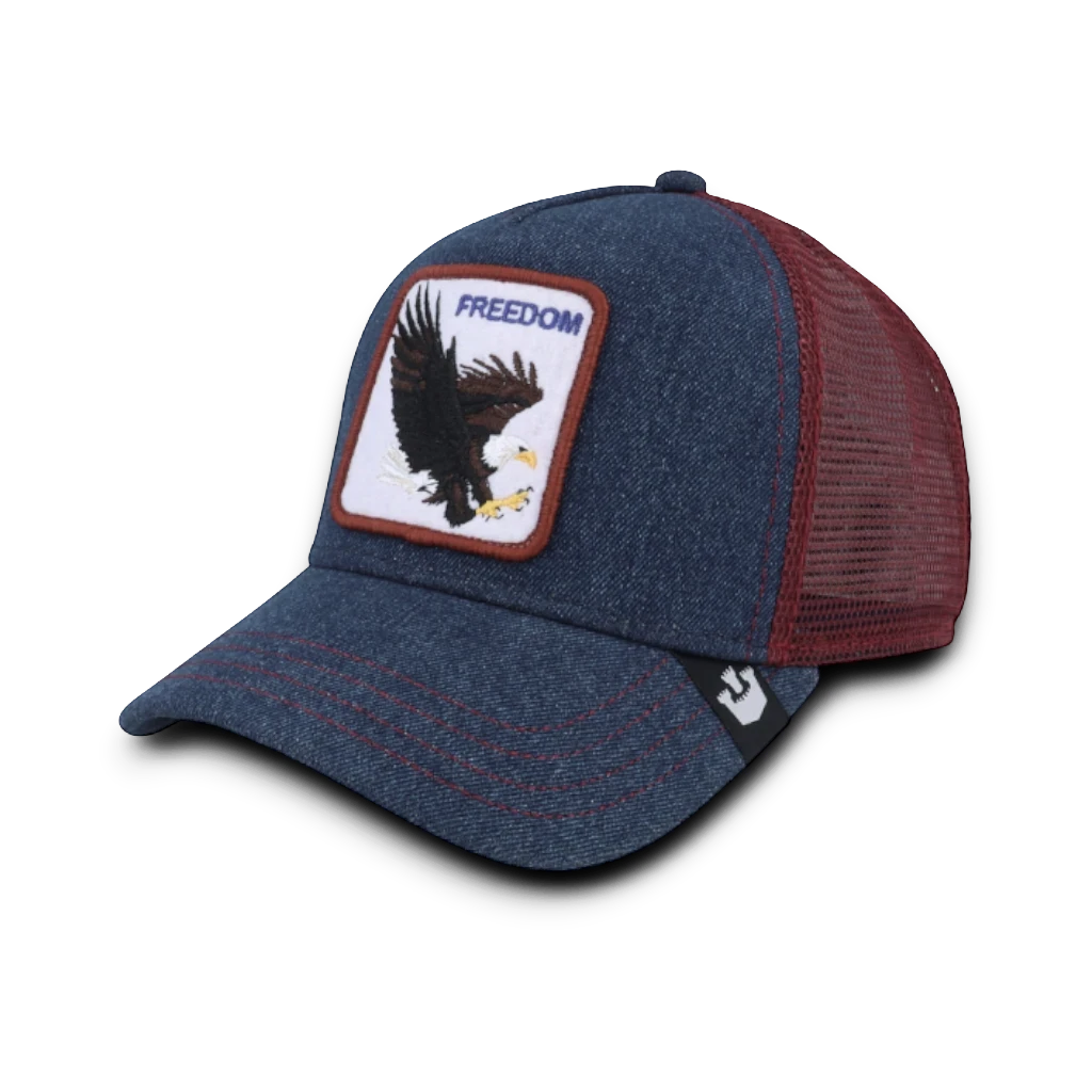 Moon Ridge Hats and Heritage Goorin Bros The Freedom Eagle trucker hat in navy denim with red mesh back and embroidered eagle patch.