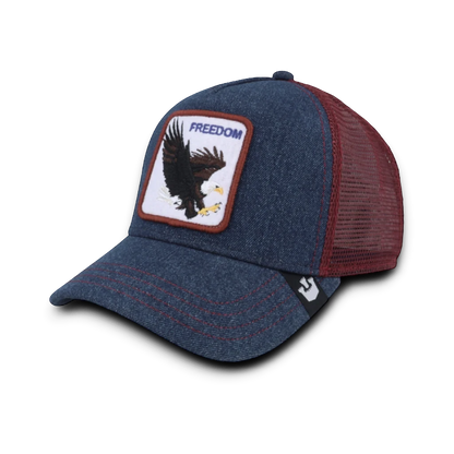 Moon Ridge Hats and Heritage Goorin Bros The Freedom Eagle trucker hat in navy denim with red mesh back and embroidered eagle patch.