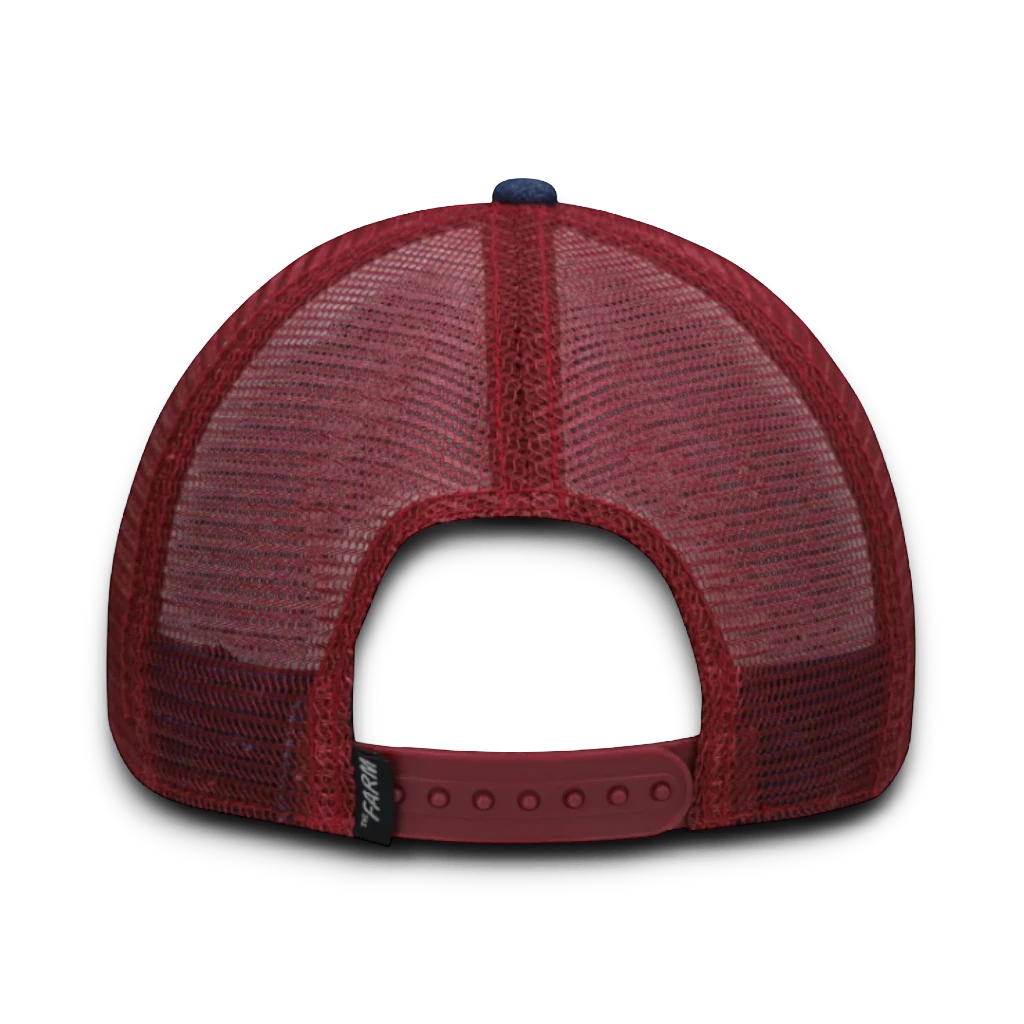 Moon Ridge Hats and Heritage Goorin Bros The Freedom Eagle trucker hat in navy and red with mesh back and snap closure.
