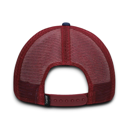 Moon Ridge Hats and Heritage Goorin Bros The Freedom Eagle trucker hat in navy and red with mesh back and snap closure.