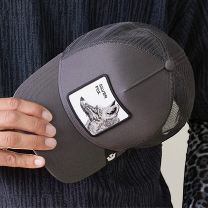 Moon Ridge Hats and Heritage Goorin Bros Silver Fox trucker hat with embroidered fox patch and mesh back.