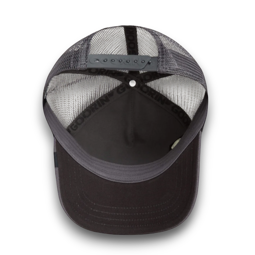 Moon Ridge Hats and Heritage Goorin Bros Silver Fox trucker hat with embroidered fox patch, mesh back, and snap closure.