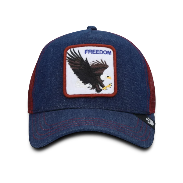 Moon Ridge Hats and Heritage navy denim trucker hat with red mesh back and embroidered eagle patch with "FREEDOM" text.
