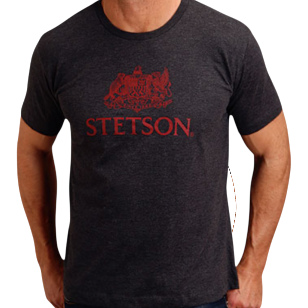 Moon Ridge Hats and Heritage grey poly-cotton-rayon t-shirt with red Stetson crest logo worn by a man