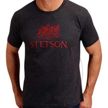 Moon Ridge Hats and Heritage grey poly-cotton-rayon t-shirt with red Stetson crest logo worn by a man