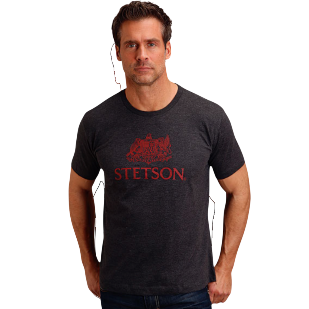 Moon Ridge Hats and Heritage grey poly-cotton-rayon t-shirt featuring a red Stetson crest logo on the chest