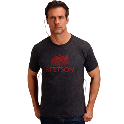Moon Ridge Hats and Heritage grey poly-cotton-rayon t-shirt featuring a red Stetson crest logo on the chest