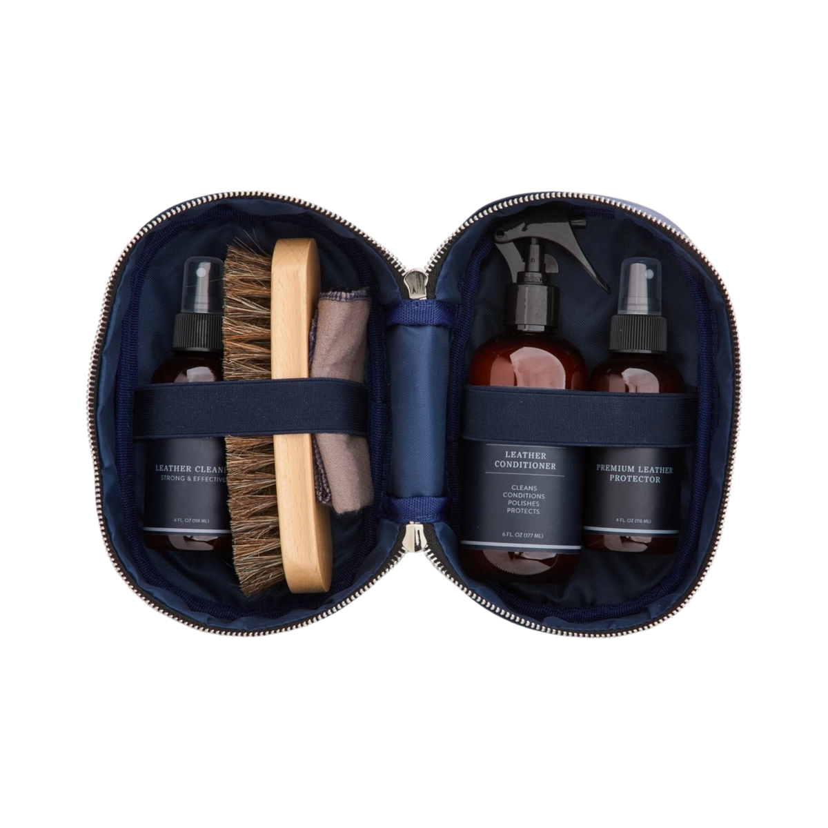 Moon Ridge Hats and Heritage leather care kit in a navy zip-around nylon case with cleaner, conditioner, and brush.