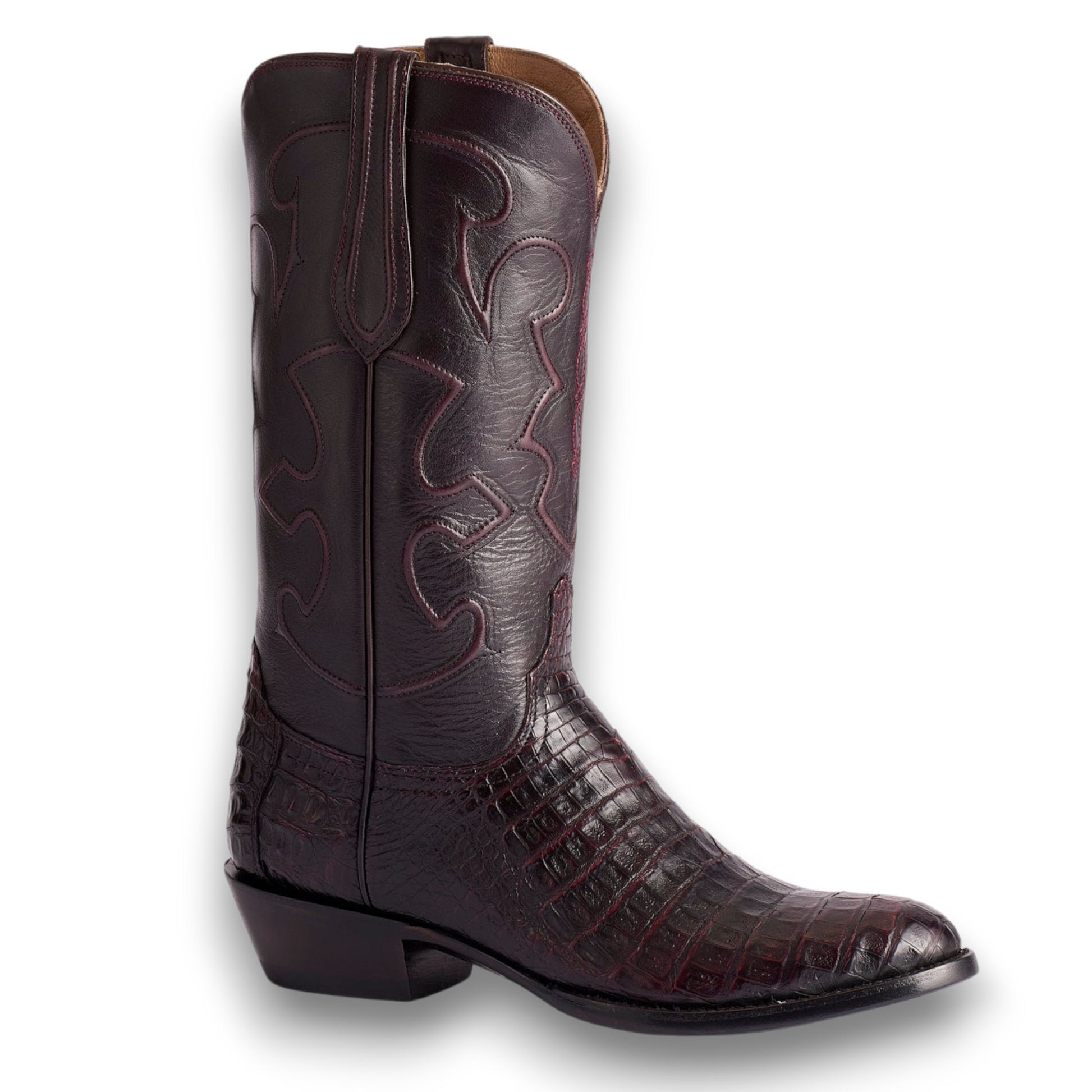 Moon Ridge Hats and Heritage Lucchese Charles black cherry ultra belly caiman cowboy boots with decorative cording