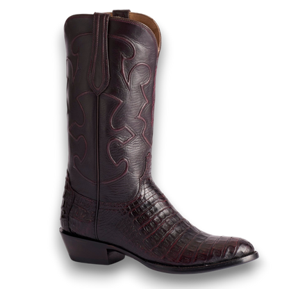 Moon Ridge Hats and Heritage Lucchese Charles black cherry ultra belly caiman cowboy boots with decorative cording