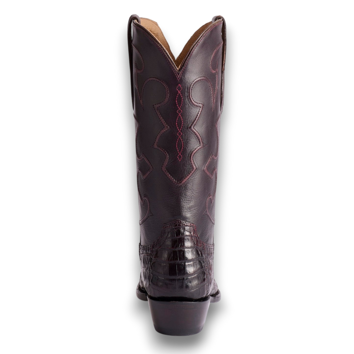 Moon Ridge Hats and Heritage Lucchese Charles black cherry ultra belly caiman cowboy boot with decorative shaft cording