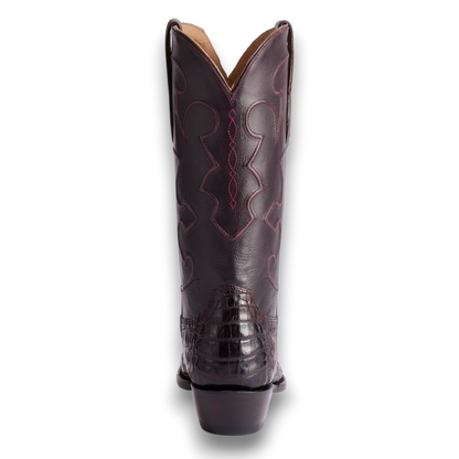Moon Ridge Hats and Heritage Lucchese Charles black cherry ultra belly caiman cowboy boot with decorative shaft cording
