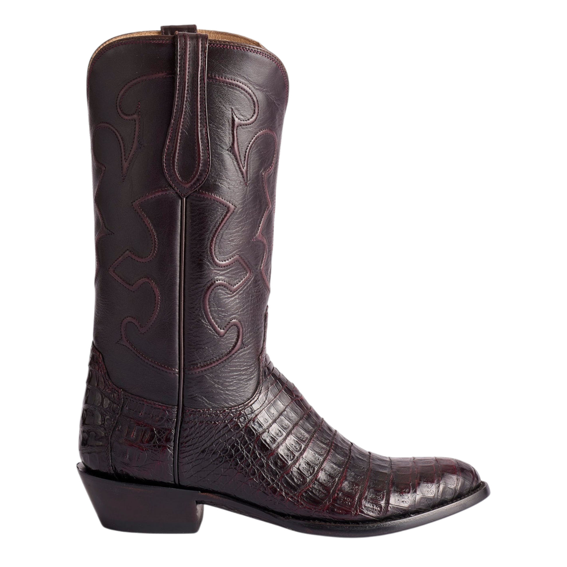 Moon Ridge Hats and Heritage Lucchese Charles black cherry ultra belly caiman leather cowboy boot with cording detail