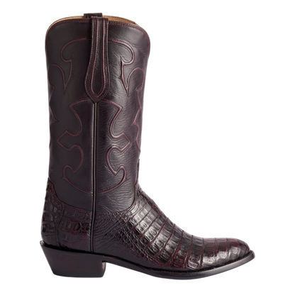Moon Ridge Hats and Heritage Lucchese Charles black cherry ultra belly caiman leather cowboy boot with cording detail