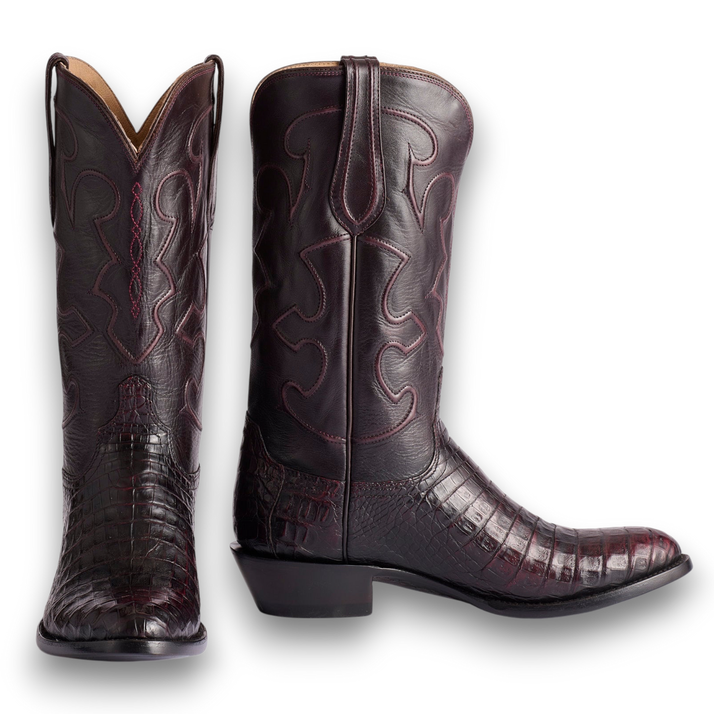 Moon Ridge Hats and Heritage Lucchese Charles black cherry ultra belly caiman cowboy boots with intricate cording