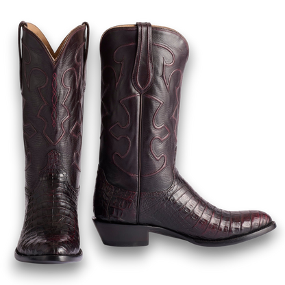 Moon Ridge Hats and Heritage Lucchese Charles black cherry ultra belly caiman cowboy boots with intricate cording