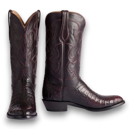 Moon Ridge Hats and Heritage Lucchese Charles black cherry ultra belly caiman cowboy boots with intricate cording alternate view