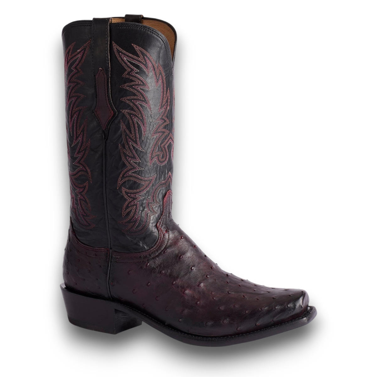 Moon Ridge Hats and Heritage Lucchese Elgin cowboy boots in black cherry full quill ostrich leather with black shaft
