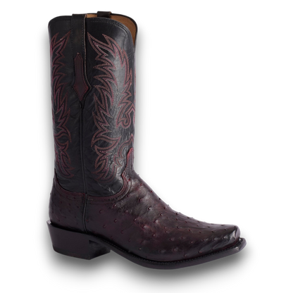 Moon Ridge Hats and Heritage Lucchese Elgin cowboy boots in black cherry full quill ostrich leather with black shaft