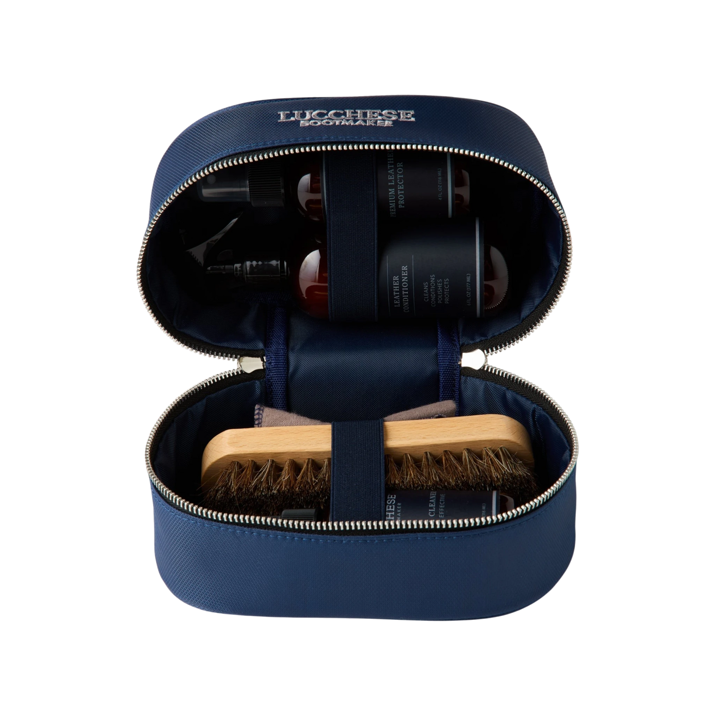Moon Ridge Hats and Heritage Lucchese leather care kit in a navy blue zip-around nylon travel case with brushes