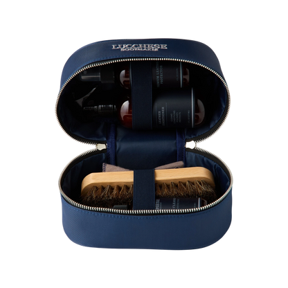 Moon Ridge Hats and Heritage Lucchese leather care kit in a navy blue zip-around nylon travel case with brushes