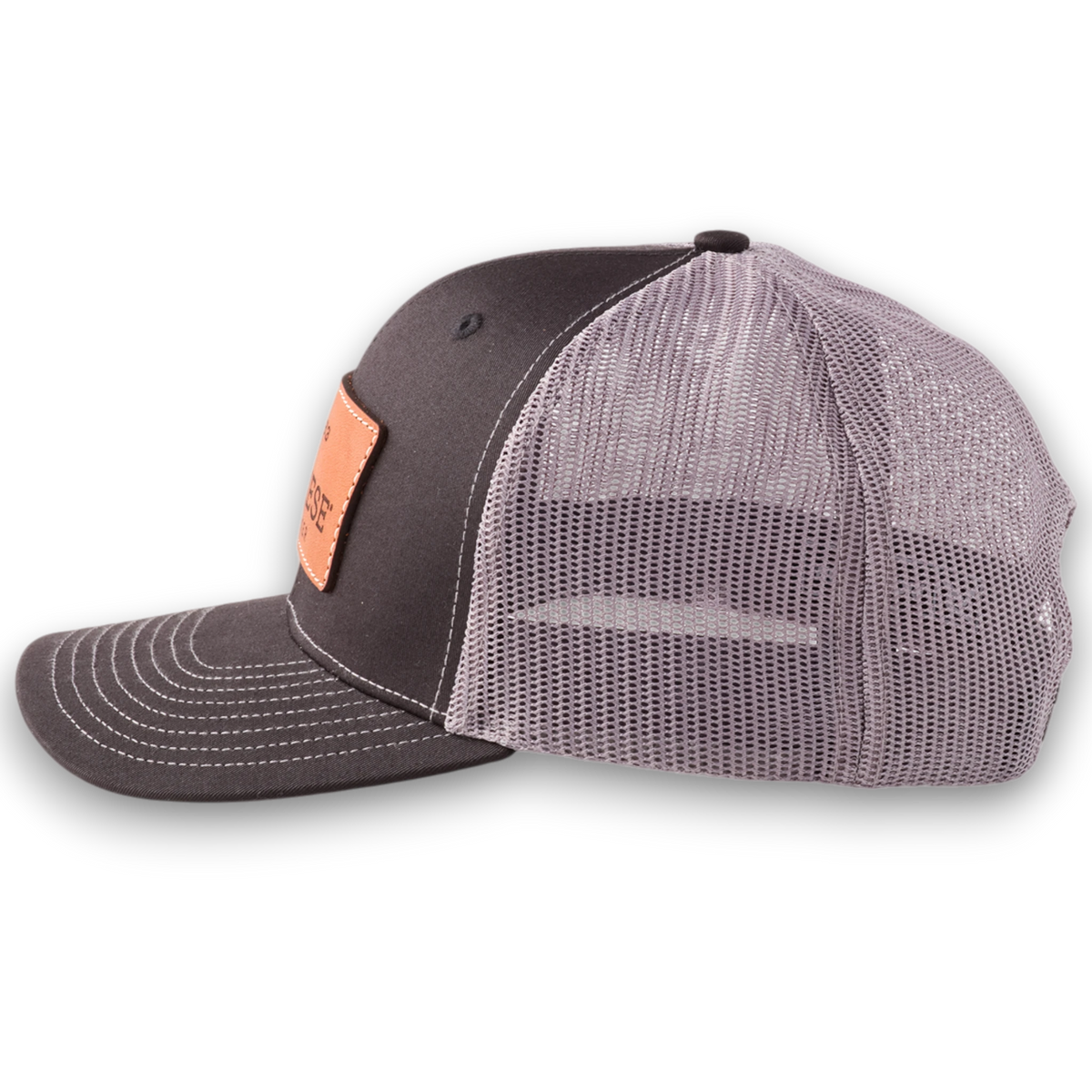 Moon Ridge Hats and Heritage Lucchese leather patch cap in black and charcoal with a breathable mesh back.