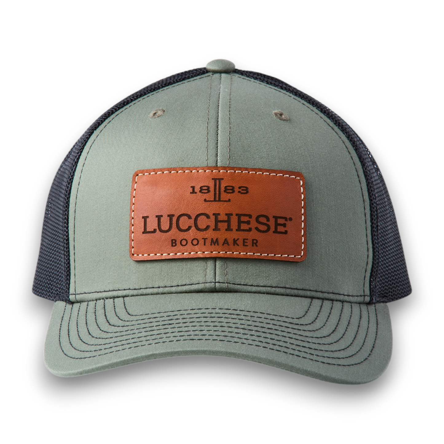 Moon Ridge Hats and Heritage Lucchese loden and black mesh back cap with a brown leather logo patch on the front.