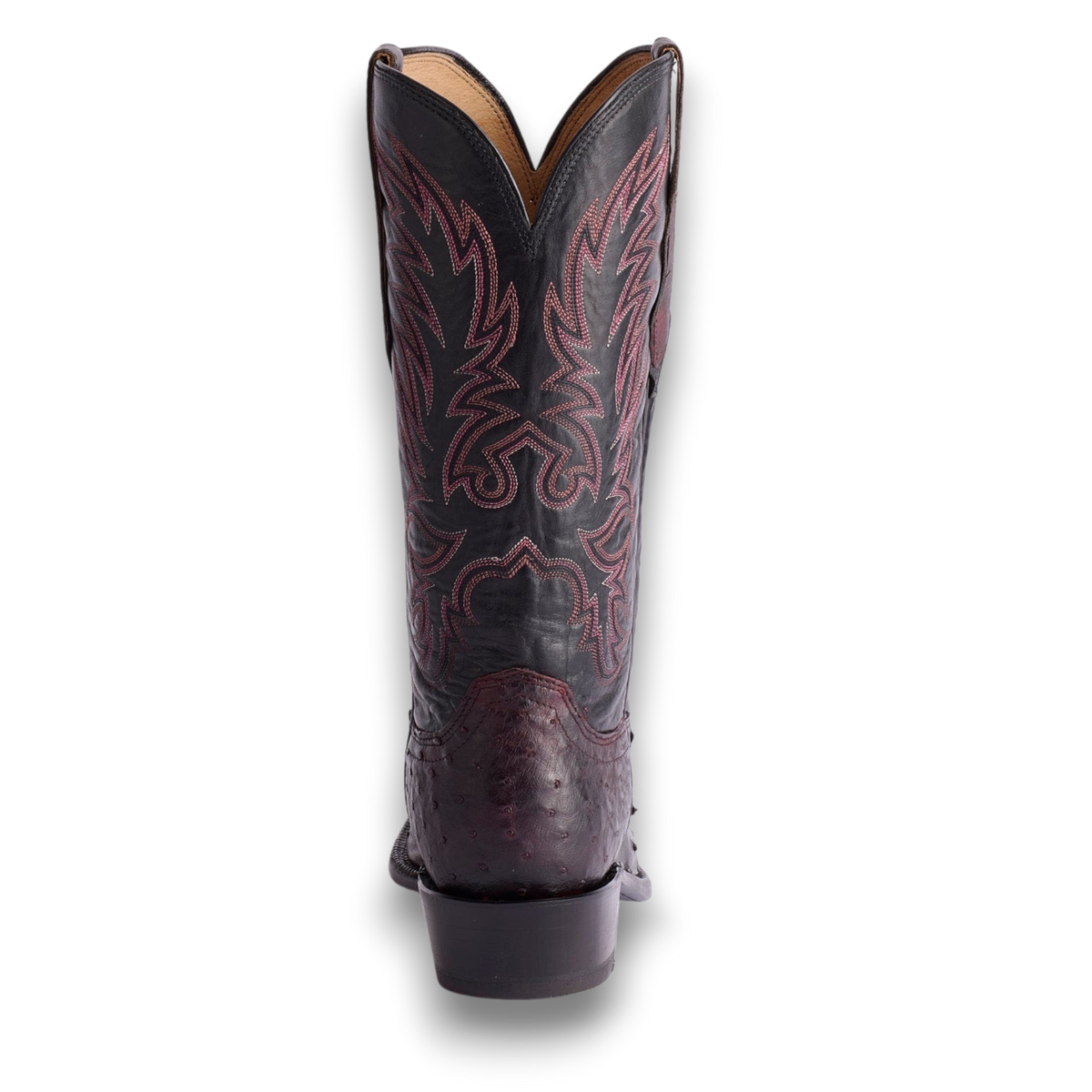 Moon Ridge Hats and Heritage Lucchese Elgin full quill ostrich cowboy boot in black cherry and black back view