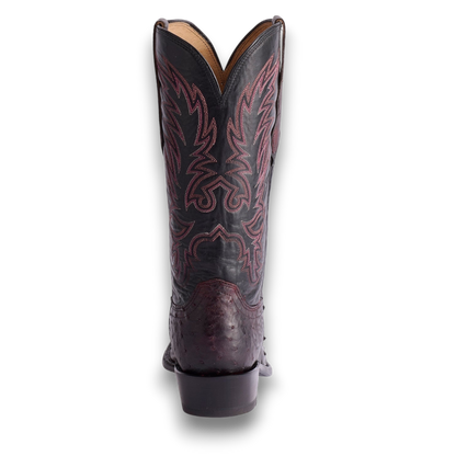 Moon Ridge Hats and Heritage Lucchese Elgin full quill ostrich cowboy boot in black cherry and black back view