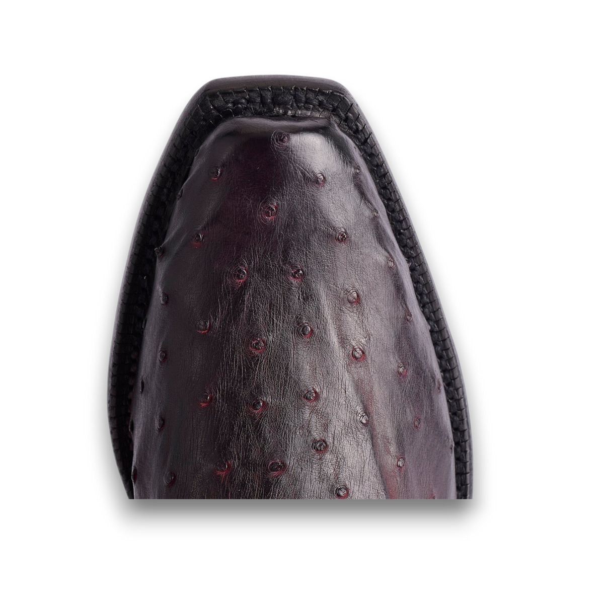 Close-up of the black cherry full quill ostrich leather toe on a Moon Ridge Hats and Heritage Lucchese Elgin boot.