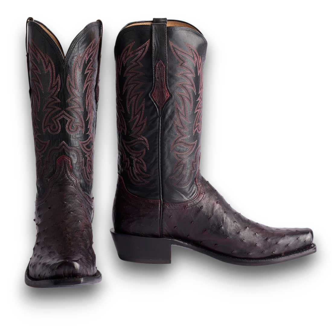 Moon Ridge Hats and Heritage Lucchese Elgin full quill ostrich cowboy boots in black cherry and black leather