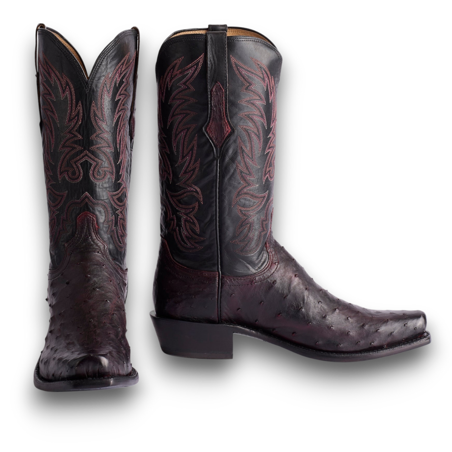 Moon Ridge Hats and Heritage Lucchese Elgin full quill ostrich cowboy boots in black cherry and black leather