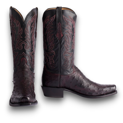 Moon Ridge Hats and Heritage Lucchese Elgin full quill ostrich cowboy boots in black cherry and black leather